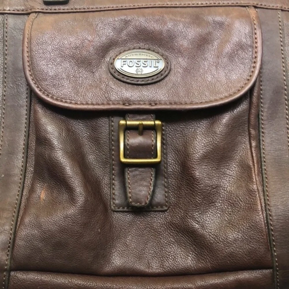 Fossil Brown Leather Briefcase Messenger Travel Crossbody Bag Double handle